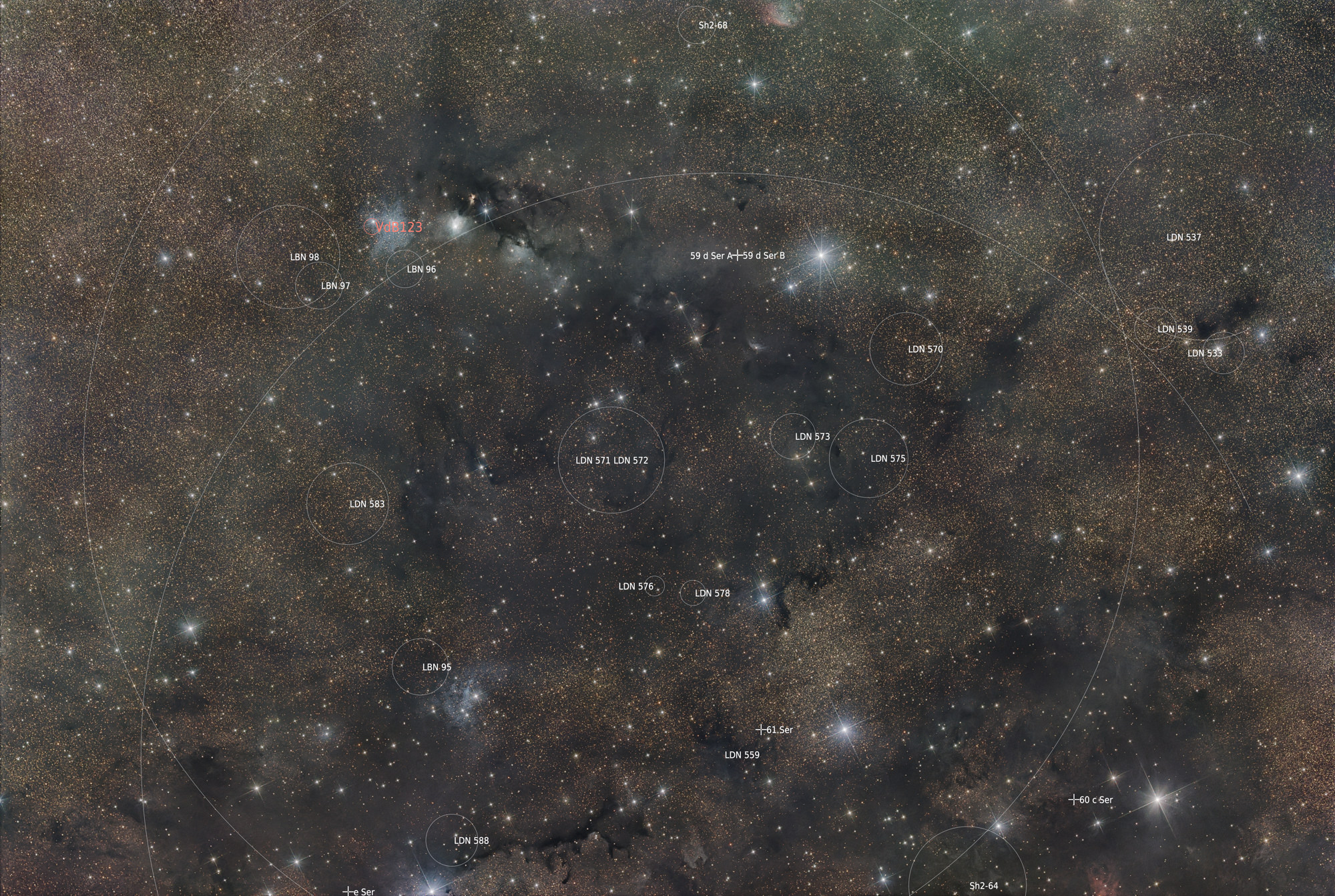 The Serpens Molecular Cloud contains the reflection nebula vdB123 and several dark nebulae from the Sharples and Lynds catalog of dark nebulae. The molecular cloud is part of the vast Aquila Rift, a very extensive dark region of the Milky Way.